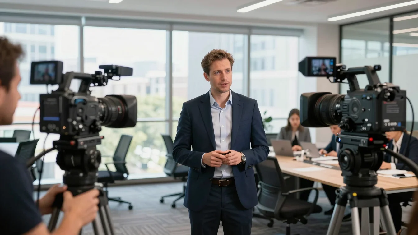 Journalist interviewing a business leader in a modern office sett