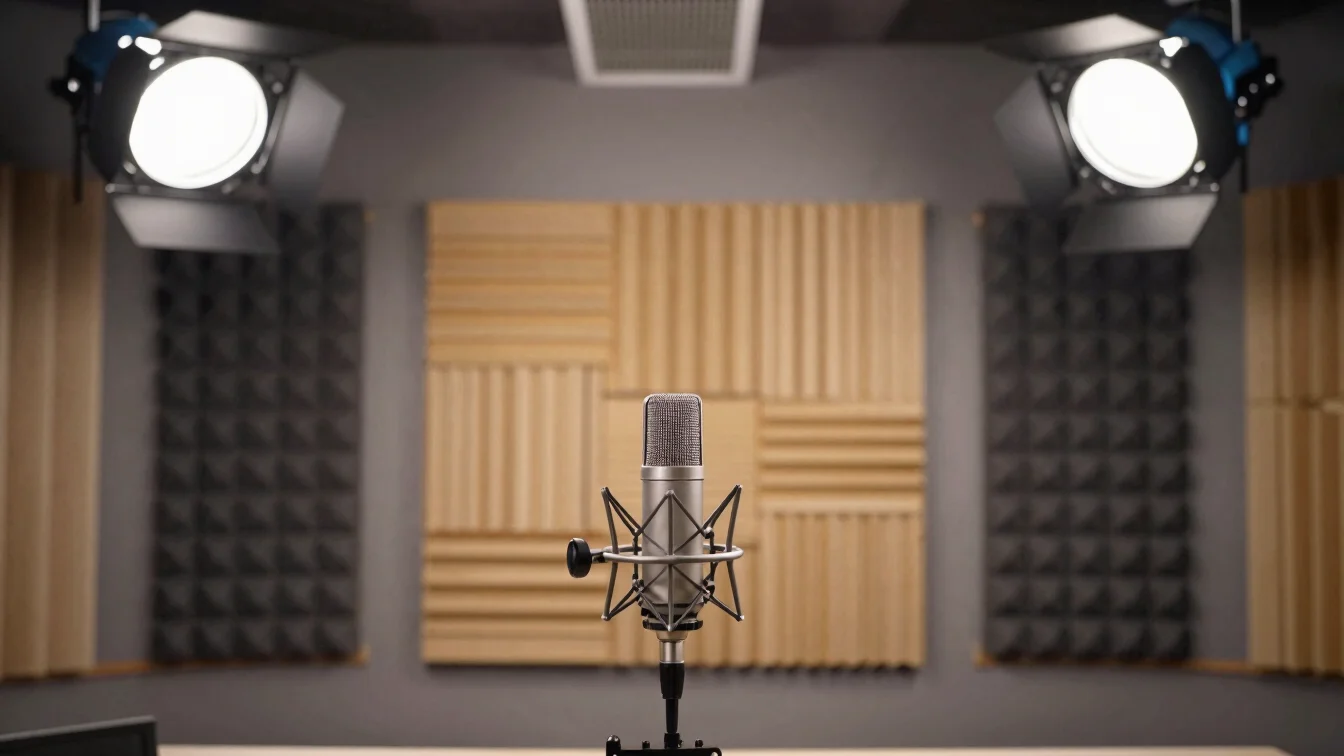 Microphone in a broadcast studio with soundproofing, crisp profes