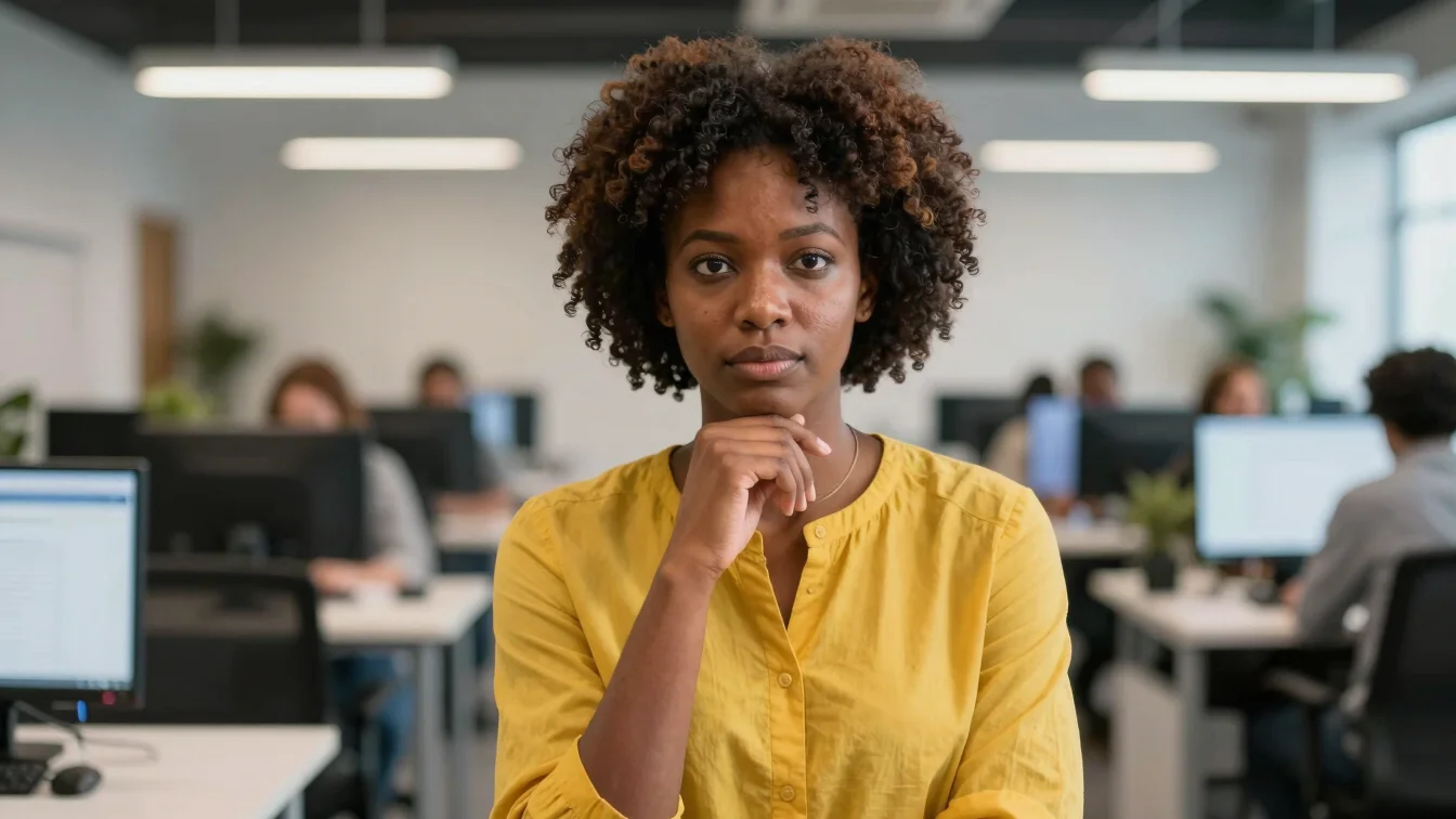 Candid portrait of a thoughtful African woman in a modern newsroom setting, sharp editorial lighting, 35mm lens
