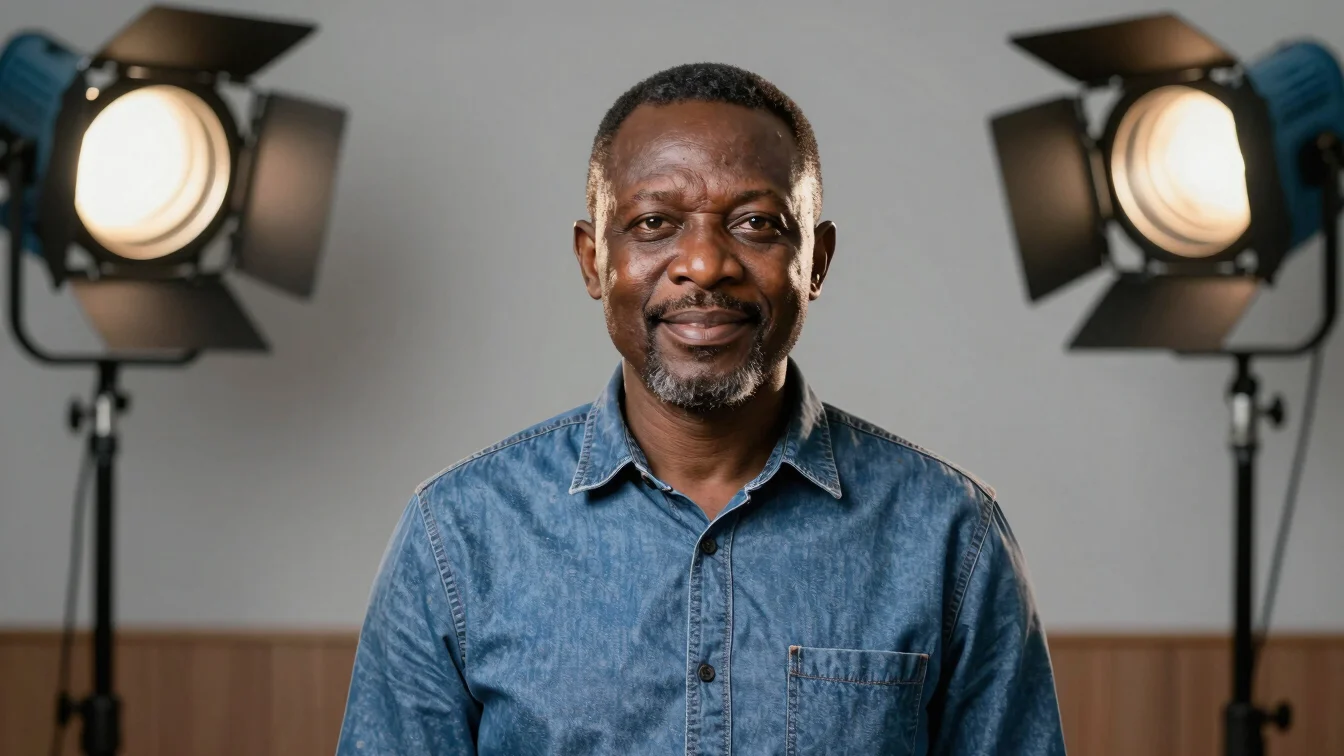 Candid portrait of a distinguished African man in a broadcast studio, professional studio lighting, 35mm lens
