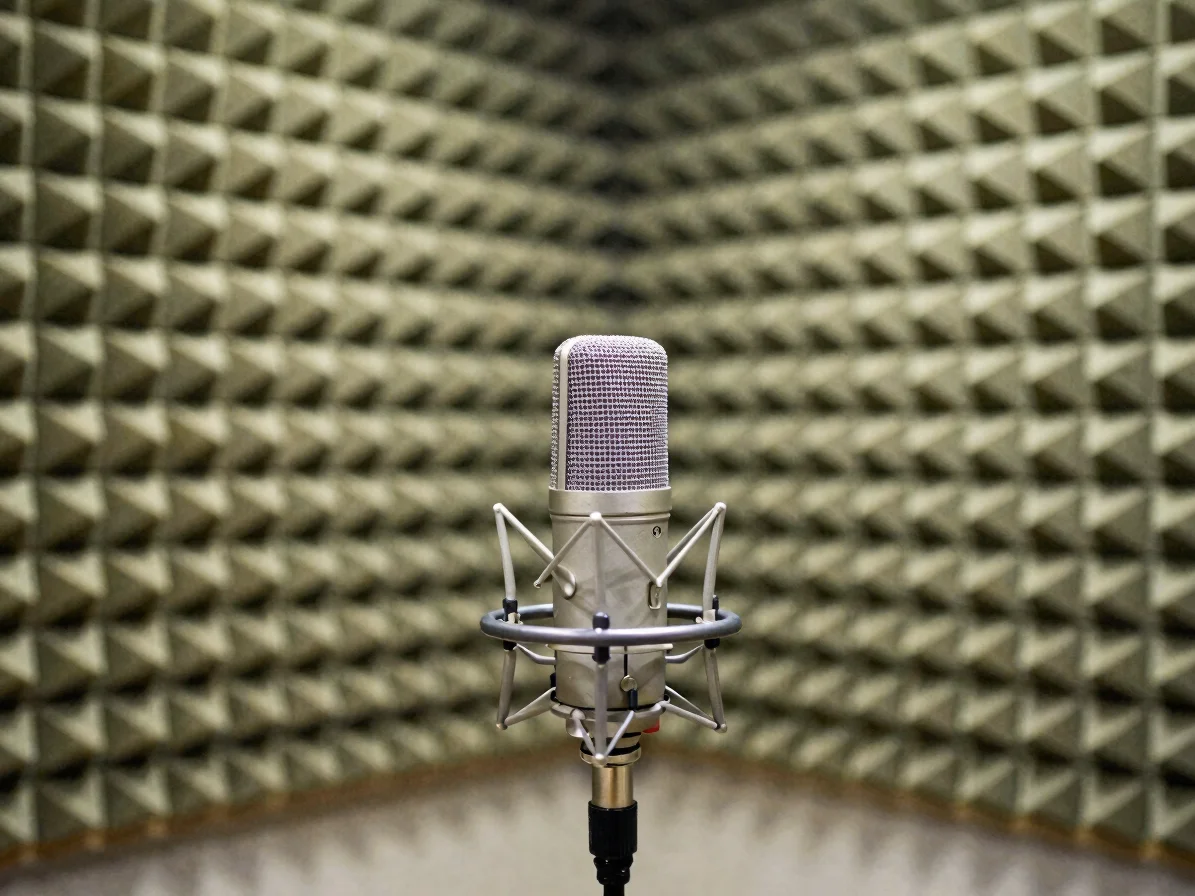 Close-up of a broadcast studio microphone in front of soundproof acoustic paneling under focused studio lighting
