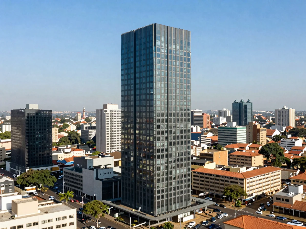 Modern high-rise office landscape overlooking a vibrant African commercial center under clear daylight