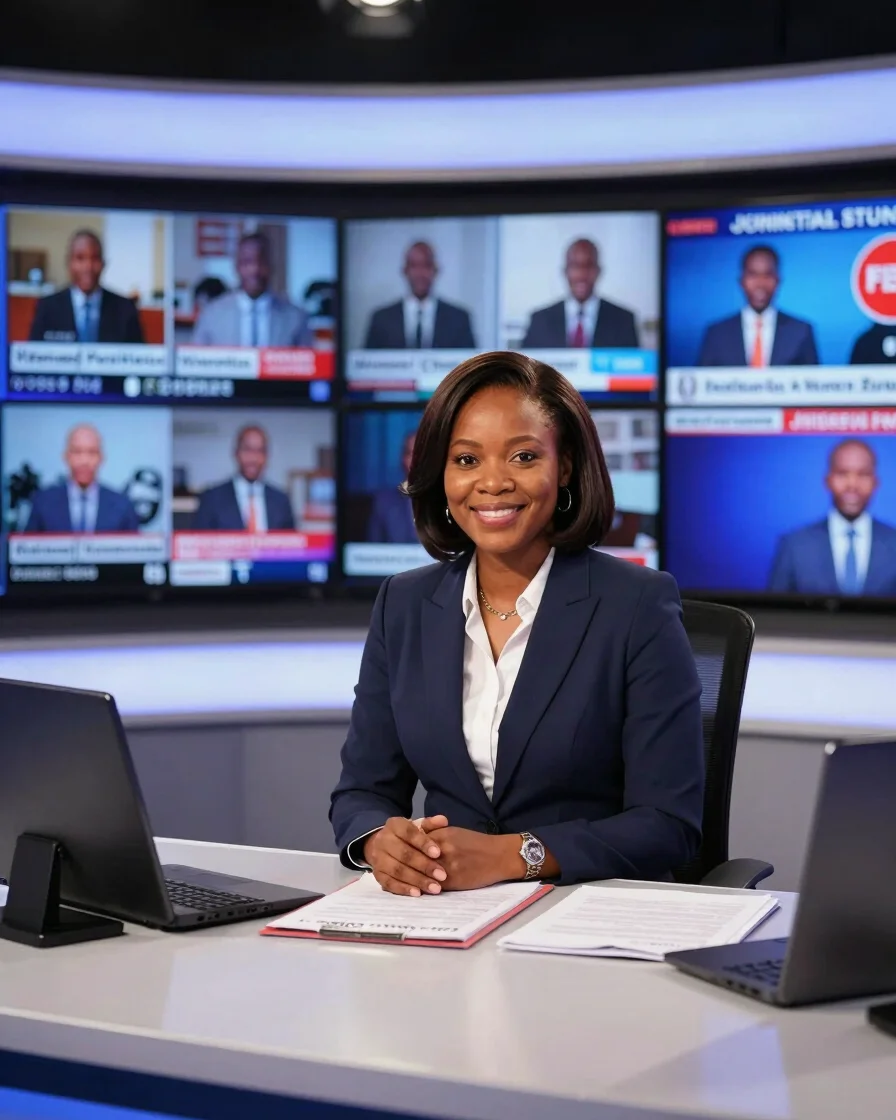 Journalist sitting at an editorial desk in a modern African broadcast studio with active news screens in background, sha