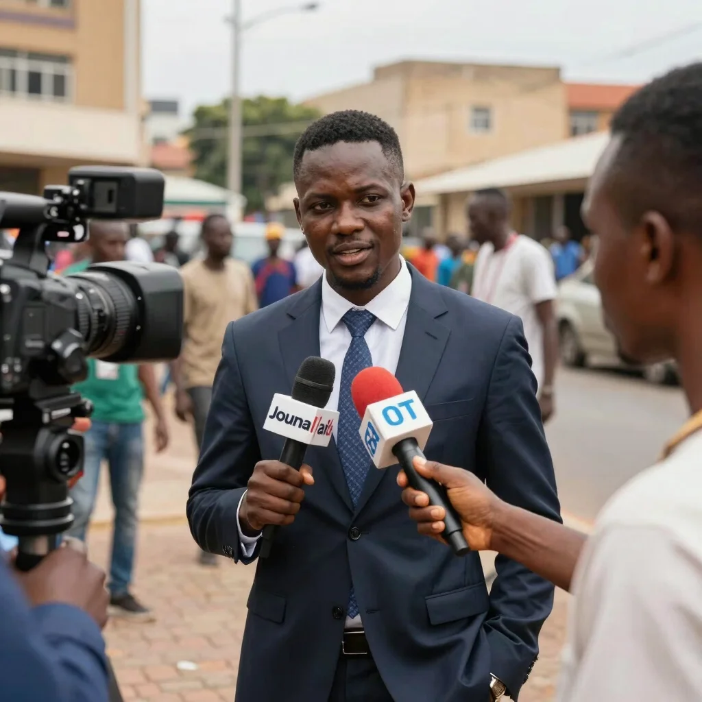 Journalist holding a microphone conducting an outdoor interview in a bustling African business district