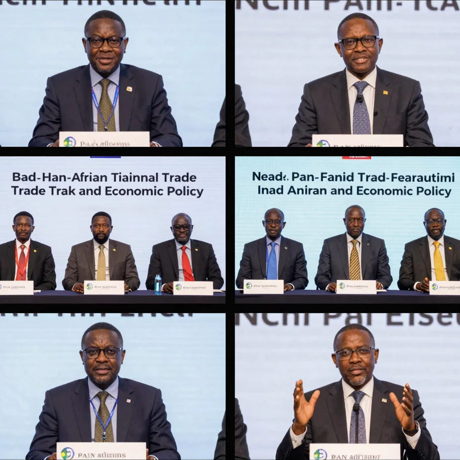 High-definition video panel showcasing a panel discussion on pan-African trade and economic policy