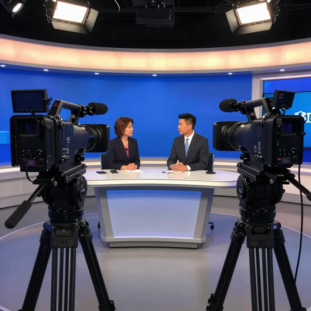 Broadcast camera framing a political interview in a sleek modern news studio with ambient blue and warm lighting